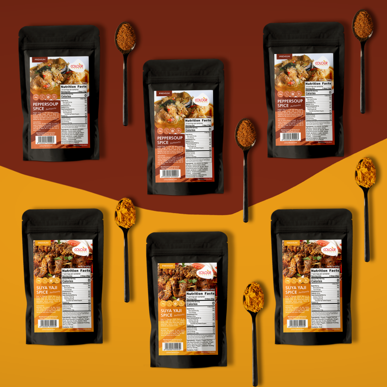 Pouches with spices lay on brown and mustard yellow background, surrounded by tea spoons full of spices.