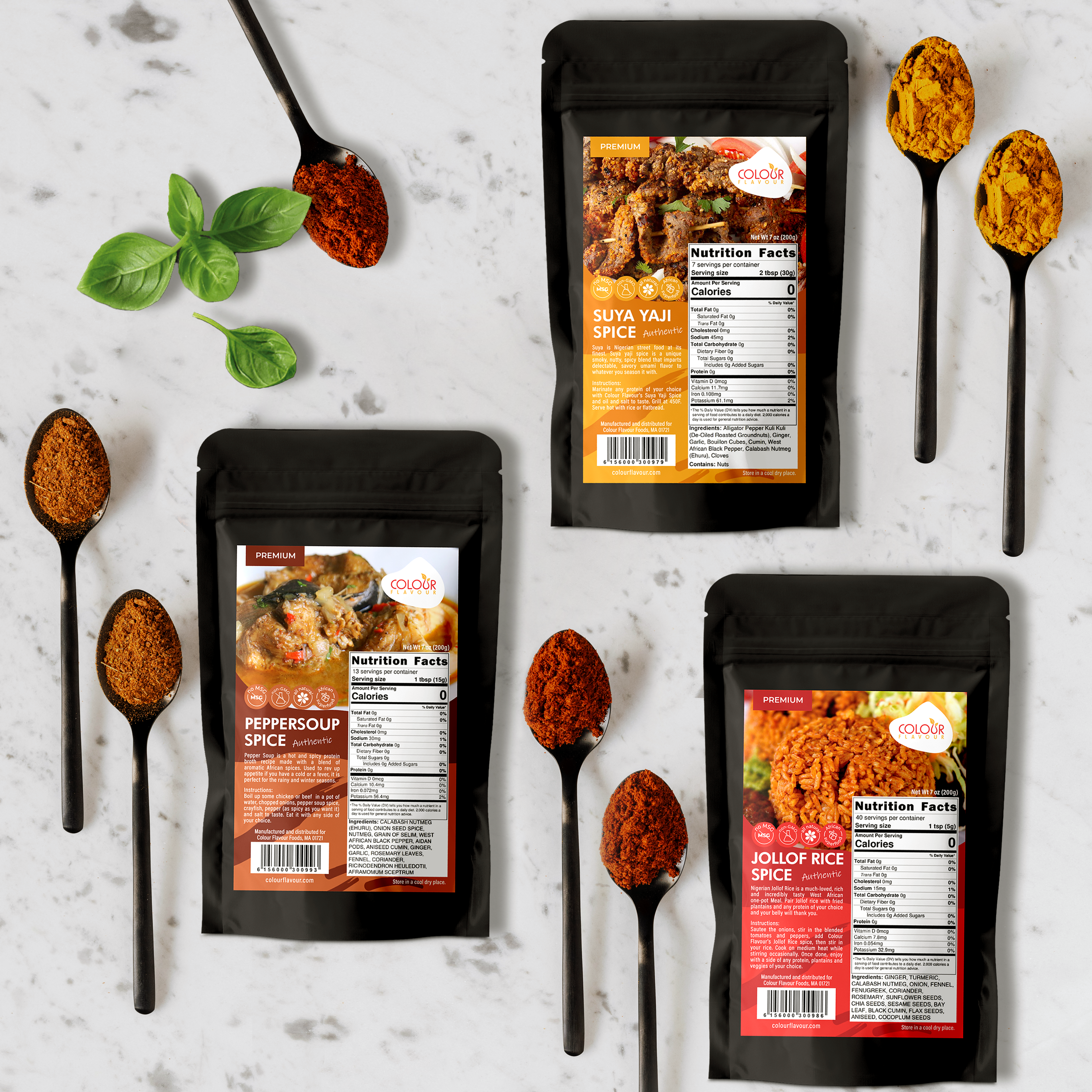 Three pouches with spices lay on marble counter top, there are tea spoons with spices and basil.